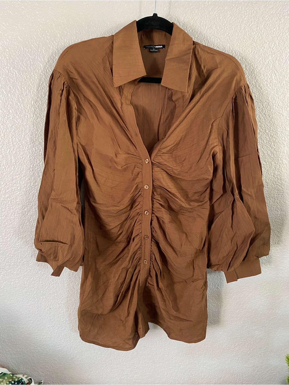 Fashion Nova Brown Ruched Button-Front Long Sleeve Dress